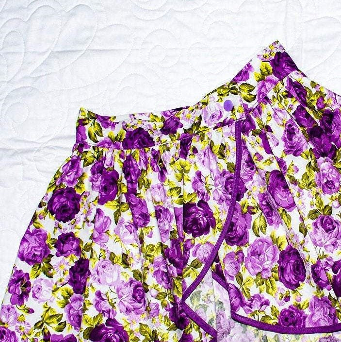 Skirt - Wrap -  Tadah Tulip Skirt-  Purple and Lilac Peony Roses on White