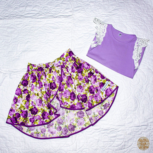 Skirt - Wrap -  Tadah Tulip Skirt-  Purple and Lilac Peony Roses on White