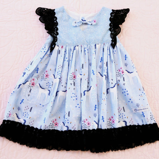 Dress - Maddie - Blue Unicorns with Black Lace Flutters and Black Lace Hemline