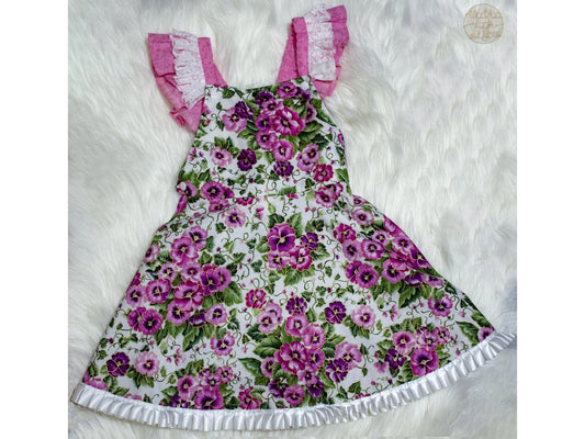 Dress - Pinafore - Pink and Purple Pansies on White with White Satin Trim