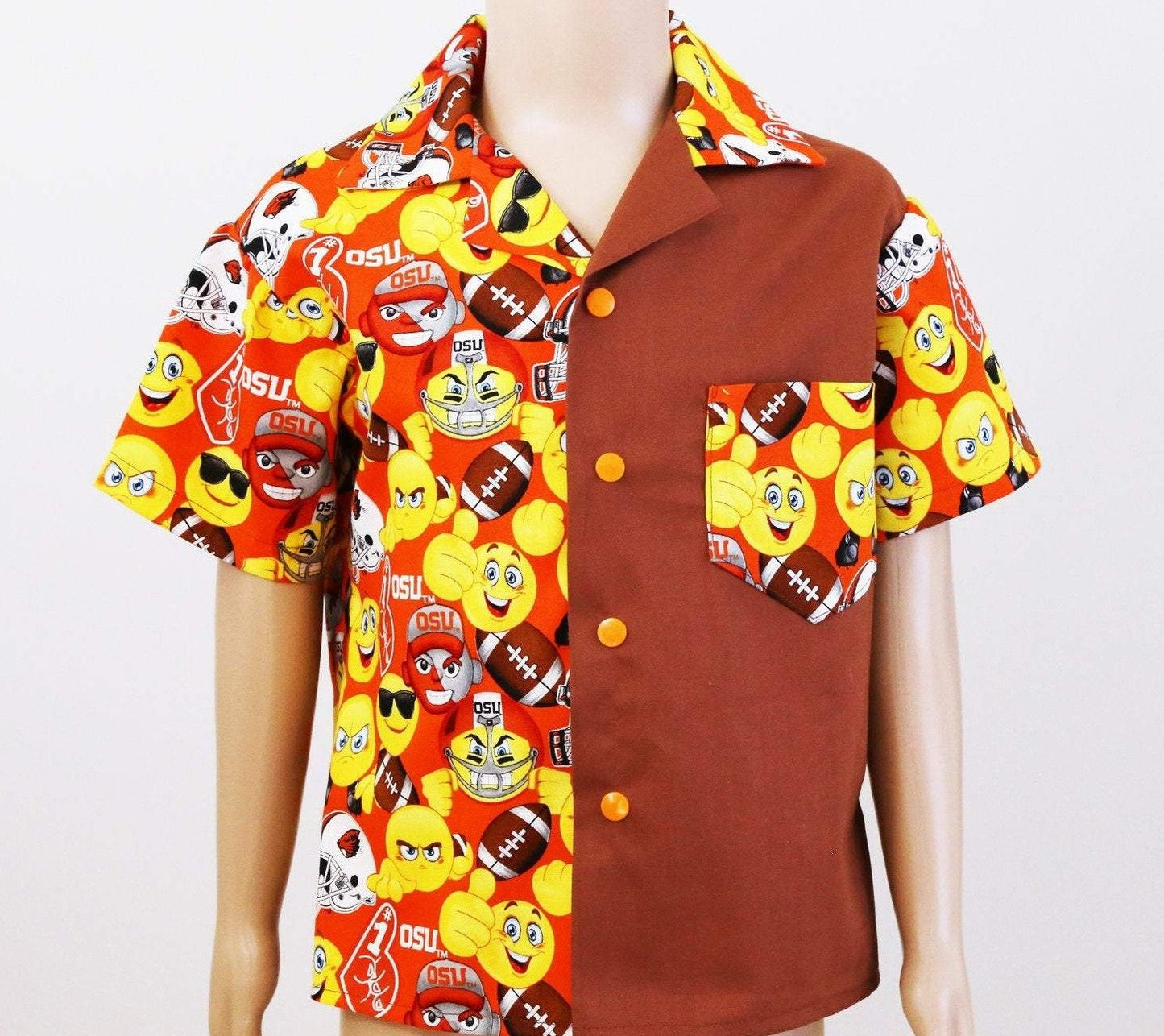 Shirt - Orange Emojis with Footballs, Brown Contrasting Panel