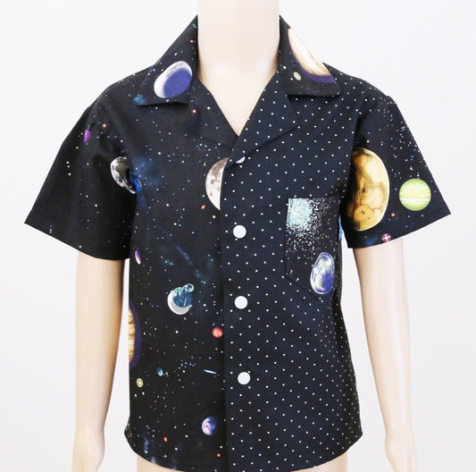 Shirt - Space Theme on Black with White Spot Contrasting Panel, Space Pocket