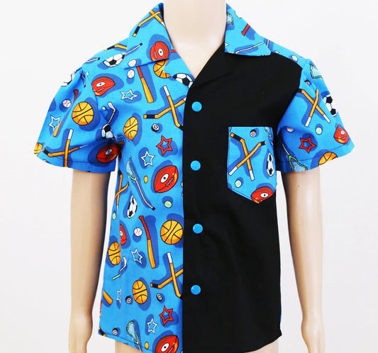 Shirt - Mixed Sports on Blue with Contrasting Black Panel