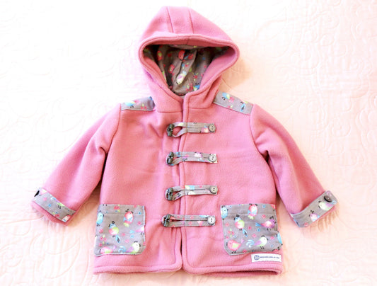 Coat - Duffle Coat - Pink Polar Fleece, Lining, Pockets and Toggles with Grey Decorative Bird Flannelette Fabric