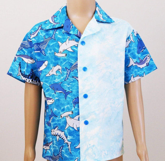 Shirt - Sharks in the Deep Blue Sea with Light Blue Ocean Contrast Panel